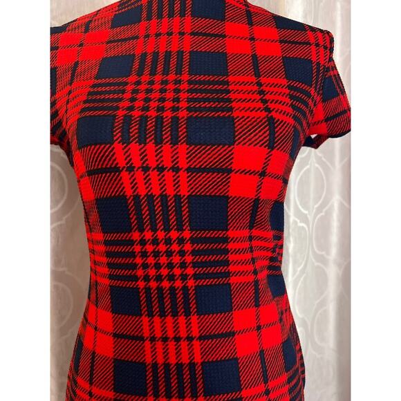 Red and Navy Blue Plaid Dress Women’s Fitted Short Sleeve - Picture 5 of 10